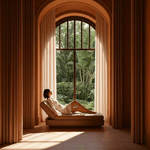 A guest relaxing in a serene, sunlit spa lounge at Deo Juvante